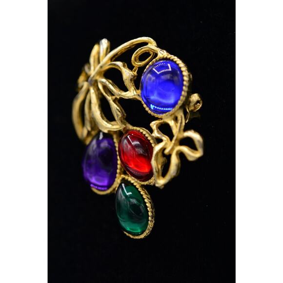 Vintage Peacock Brooch Jelly Belly Pin Rhinestones Stone  Vintage Cabochon Pin Floral Leaf Brooch Multi-Color Jelly Belly Gold 1980s BinAC